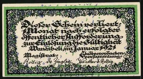 Notgeld Wandsbek 1921, 50 Pfennig, Wappen, Panorama