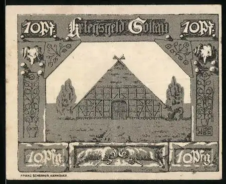 Notgeld Soltau 1919, 10 Pfennig, Eisernes Kreuz im Ehrenkranz, Fachwerk-Scheune