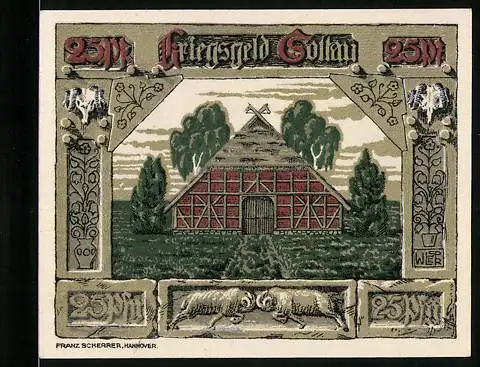 Notgeld Soltau 1920, 25 Pfennig, Eisernes Kreuz im Ehrenkranz, Fachwerk-Scheune