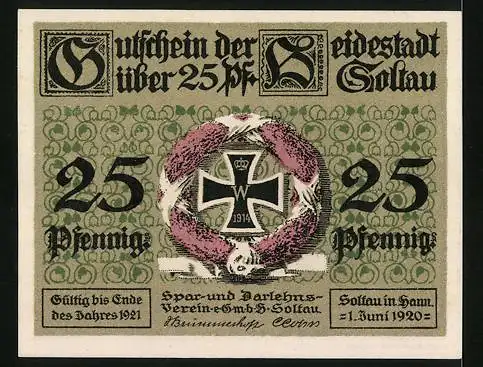 Notgeld Soltau 1920, 25 Pfennig, Eisernes Kreuz im Ehrenkranz, Fachwerk-Scheune