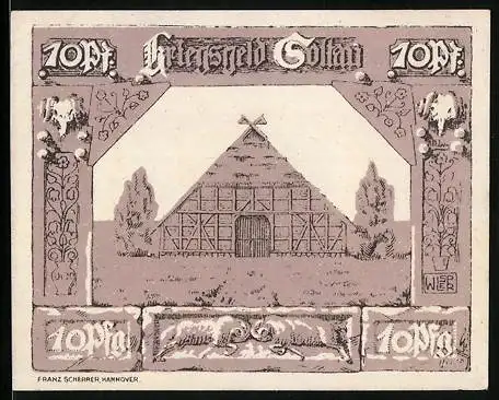 Notgeld Soltau 1919, 10 Pfennig, Eisernes Kreuz im Ehrenkranz, Fachwerk-Scheune