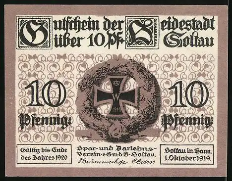 Notgeld Soltau 1919, 10 Pfennig, Eisernes Kreuz im Ehrenkranz, Fachwerk-Scheune