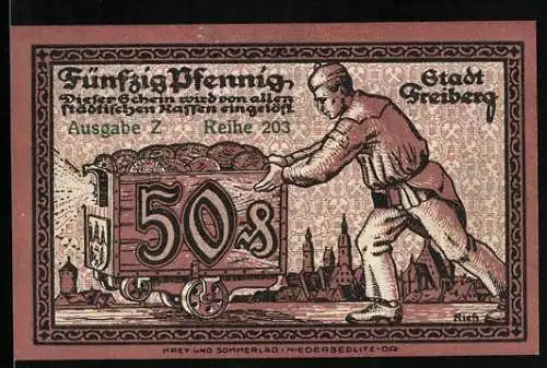 Notgeld Freiberg i. Sa. 1918, 50 Pfennig, Figuren mit Schild, Arbeiter mit Lore vor Ortspanorama