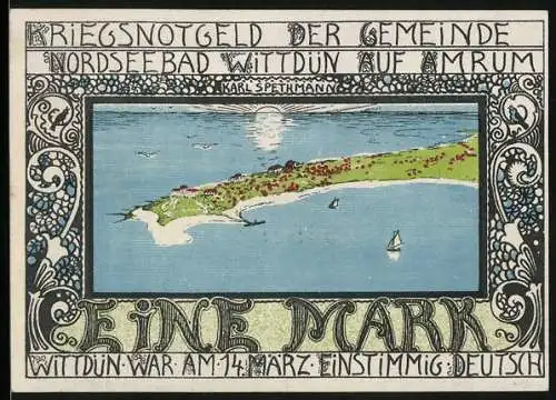 Notgeld Wittdün auf Amrum, 1 Mark, Gesamtansicht aus der Vogelschau