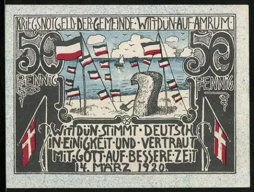 Notgeld Wittdün auf Amrum, 50 Pfennig, Strandkorb umgeben von Flaggen des Deutschen Reichs