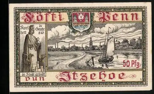 Notgeld Itzehoe 1918, 50 Pfennig, Karl der Grosse, Flussbiegung mit Blick zur Stadt