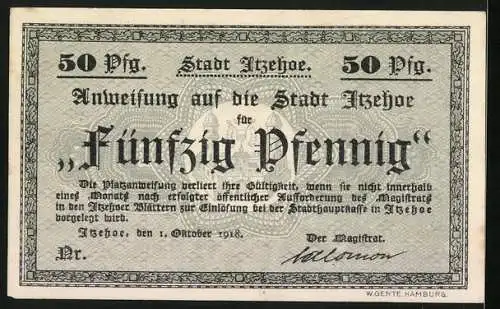 Notgeld Itzehoe 1918, 50 Pfennig, Karl der Grosse, Flussbiegung mit Blick zur Stadt