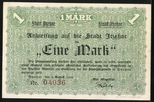 Notgeld Itzehoe 1920, 100 Pfennig, Jäger mit Gewehr und Degen im Camp