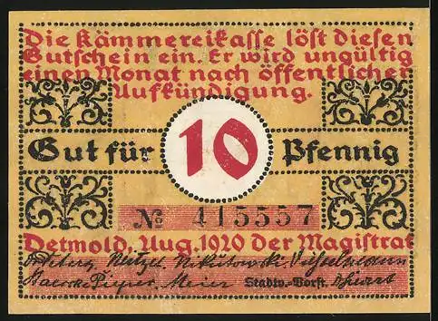 Notgeld Detmold 1920, 10 Pfennig, Stadtwappen