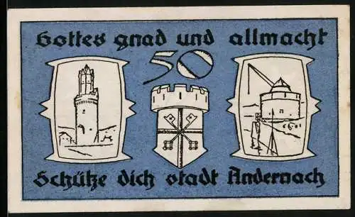 Notgeld Andernach 1920, 50 Pfennig, Turm und alter Kran