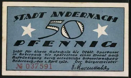 Notgeld Andernach 1920, 50 Pfennig, Turm und alter Kran