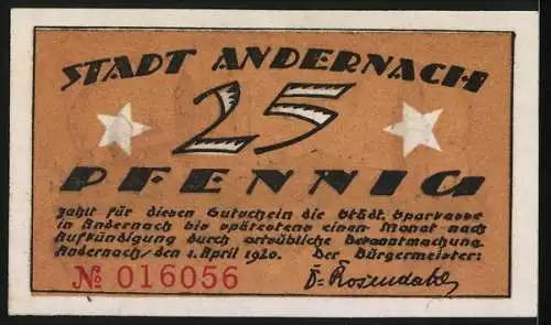 Notgeld Andernach 1920, 25 Pfennig, Ortsansicht mit Kirche