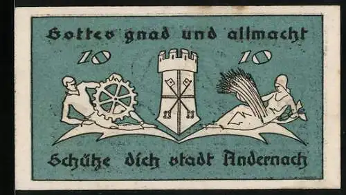 Notgeld Andernach 1920, 10 Pfennig, Metallarbeiter und Bäuerin