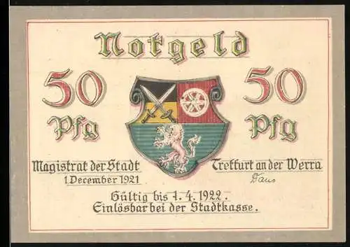 Notgeld Treffurt an der Werra 1921, 50 Pfennig, Ortspartie mit Blick zur Burg