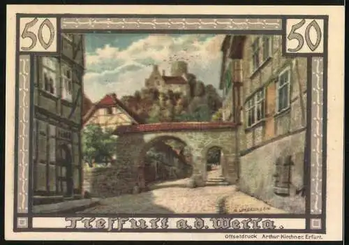 Notgeld Treffurt an der Werra 1921, 50 Pfennig, Ortspartie mit Blick zur Burg