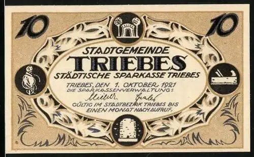 Notgeld Triebes 1921, 10 Pfennig, Blick zum Rathaus