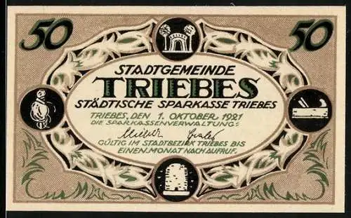 Notgeld Triebes 1921, 50 Pfennig, Blick zur Kirche