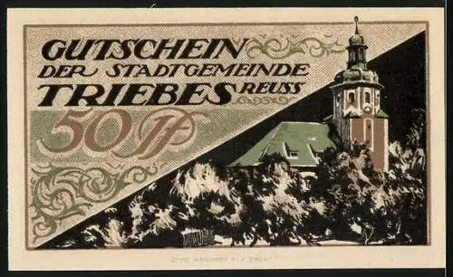 Notgeld Triebes 1921, 50 Pfennig, Blick zur Kirche