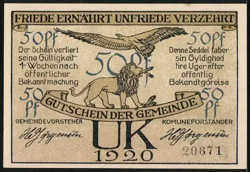 Notgeld Uk 1920, 50 Pfennig, Dänische Bogenschützen schiessen auf fliehenden Reiter