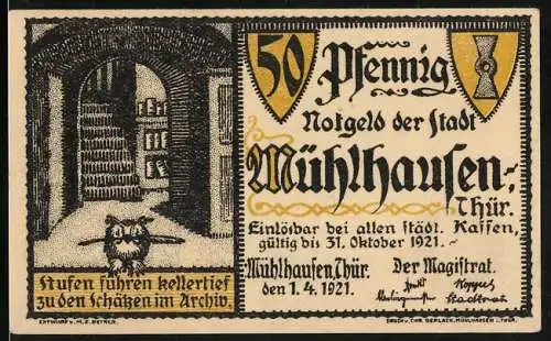 Notgeld Mühlhausen /Thür. 1921, 50 Pfennig, Eule im Archiv, Tillys Schreiben an den Stadtrat 1627