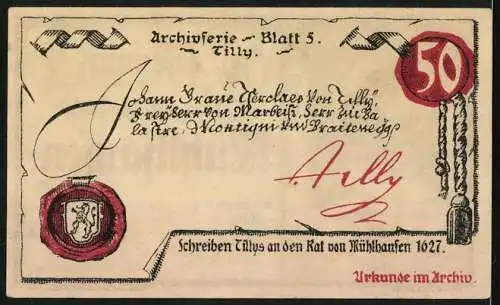 Notgeld Mühlhausen /Thür. 1921, 50 Pfennig, Eule im Archiv, Tillys Schreiben an den Stadtrat 1627