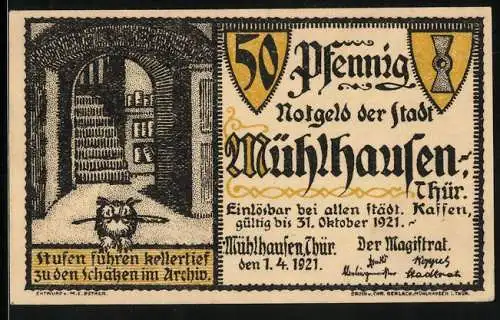 Notgeld Mühlhausen /Thür. 1921, 50 Pfennig, Karl V. schenkt der Stadt die Reichsfreiheit wieder 1548
