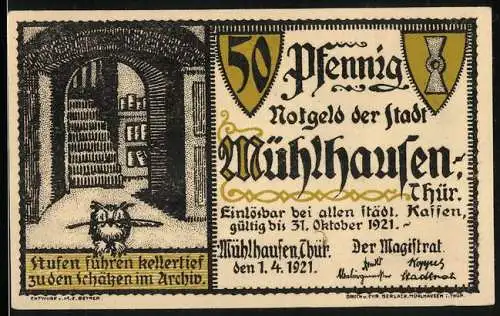 Notgeld Mühlhausen /Thür. 1921, 50 Pfennig, Schutzbrief Wallensteins für die Stadt, 1625