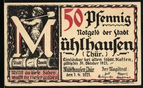 Notgeld Mühlhausen /Thür. 1921, 50 Pfennig, Luthers Schreiben an den Stadtrat 1526