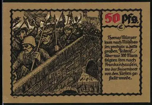 Notgeld Mühlhausen /Thür. 1921, 50 Pfennig, Thomas Münzer zieht mit 300 Mann nach Frankenhausen
