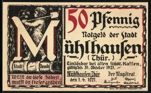 Notgeld Mühlhausen /Thür. 1921, 50 Pfennig, Bachs Gesuch von 1708