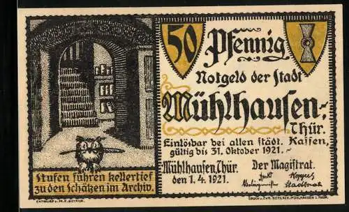 Notgeld Mühlhausen /Thür. 1921, 50 Pfennig, Schenkung der Reichsfreiheit durch Karl V. 1548