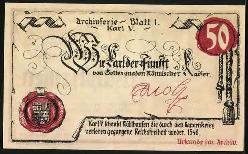 Notgeld Mühlhausen /Thür. 1921, 50 Pfennig, Schenkung der Reichsfreiheit durch Karl V. 1548