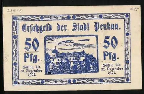Notgeld Penkun 1920, 50 Pfennig, Das Schloss in Blau