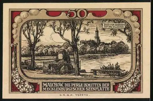 Notgeld Malchow i. M., 50 Pfennig, Blick von Erddamm auf das Kloster