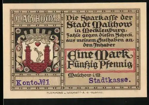 Notgeld Malchow i. M., 1,50 Mark, Alte Häuser auf der Insel