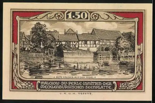 Notgeld Malchow i. M., 1,50 Mark, Alte Häuser auf der Insel