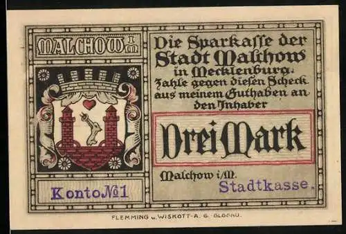 Notgeld Malchow i. M., 3 Mark, Kartographische Ansicht Mecklenburgs