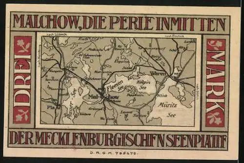 Notgeld Malchow i. M., 3 Mark, Kartographische Ansicht Mecklenburgs