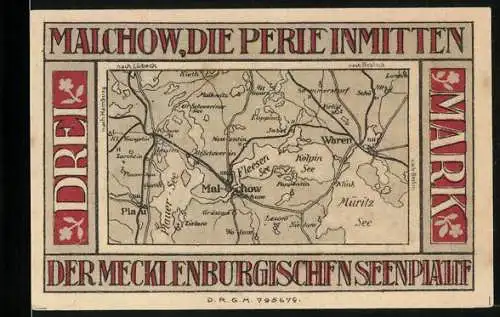 Notgeld Malchow i. M., 3 Mark, Karte Mecklenburgs