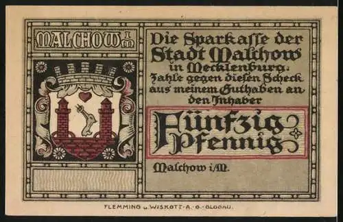 Notgeld Malchow i. M., 50 Pfennig, Das Kloster vom Erddamm aus