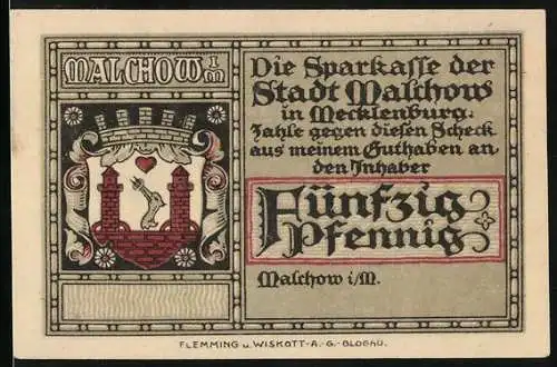 Notgeld Malchow i. M., 50 Pfennig, Der Erddamm mit Blick zum Kloster