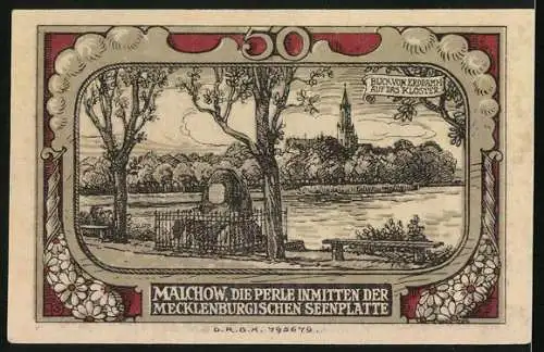 Notgeld Malchow i. M., 50 Pfennig, Der Erddamm mit Blick zum Kloster