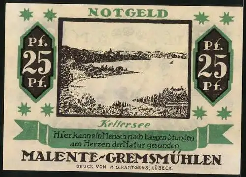 Notgeld Malente-Gremsmühlen 1920, 25 Pfennig, Der Kellersee aus der Vogelschau