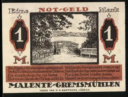 Notgeld Malente-Gremsmühlen 1920, 1 Mark, Bänke am Uklei-See