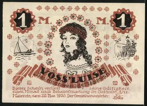 Notgeld Malente-Gremsmühlen 1920, 1 Mark, Bänke am Uklei-See