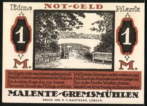 Notgeld Malente-Gremsmühlen 1920, 1 Mark, Kleiner Steg am Uklei-See