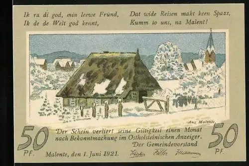 Notgeld Malente-Gremsmühlen 1921, 50 Pfennig, Die Kirche und Ortspartie im Schnee