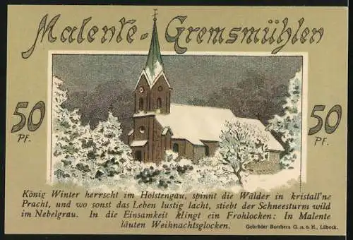 Notgeld Malente-Gremsmühlen 1921, 50 Pfennig, Die Kirche und Ortspartie im Schnee