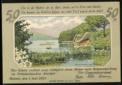 Notgeld Malente-Gremsmühlen 1921, 50 Pfennig, Fischerhütte am Dieksee