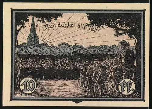 Notgeld Marggrabowa 1920, 10 Pfennig, Menschenmassen im Sonnenaufgang